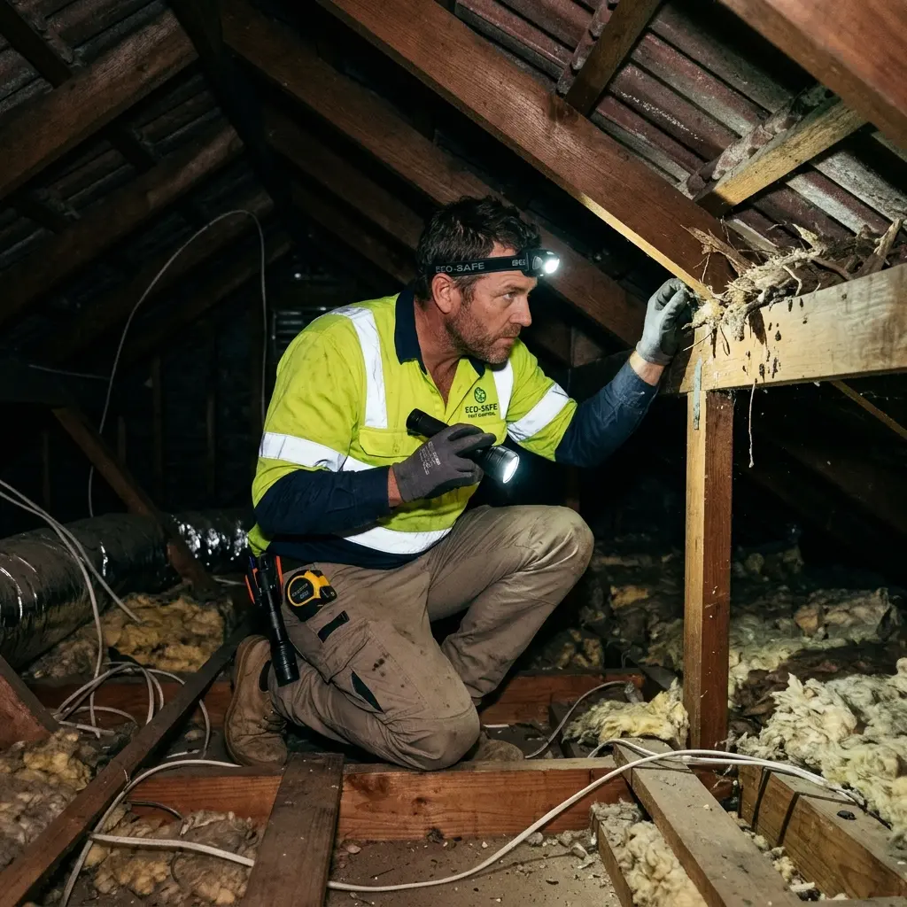 Technician inspecting a roof cavity for a dead animal in Mulgrave